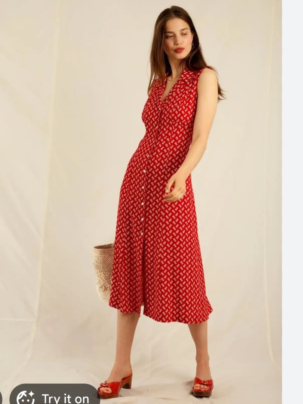Rouje Red Sleeveless Button-Front Midi Dress with Mini Print